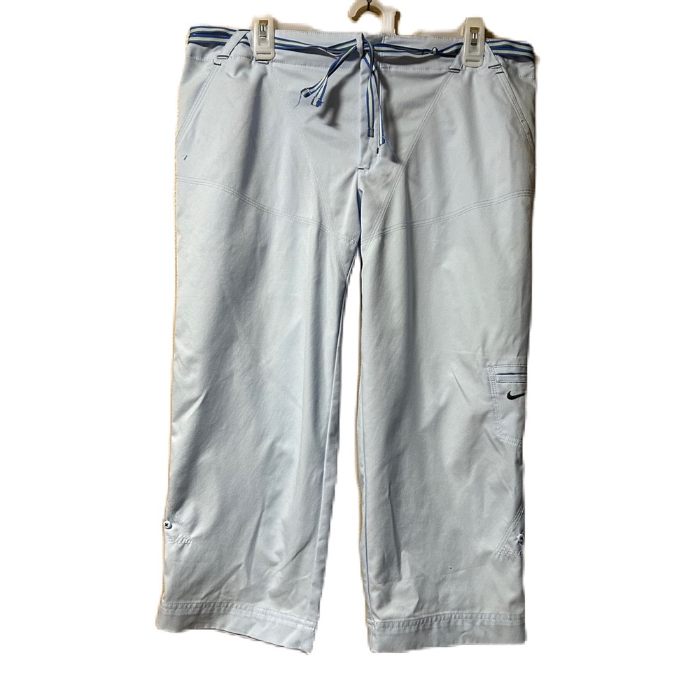 Nike Athletic Crop Pants Sz Lrg Blue Adjustable Length Drawstring Zip Waist